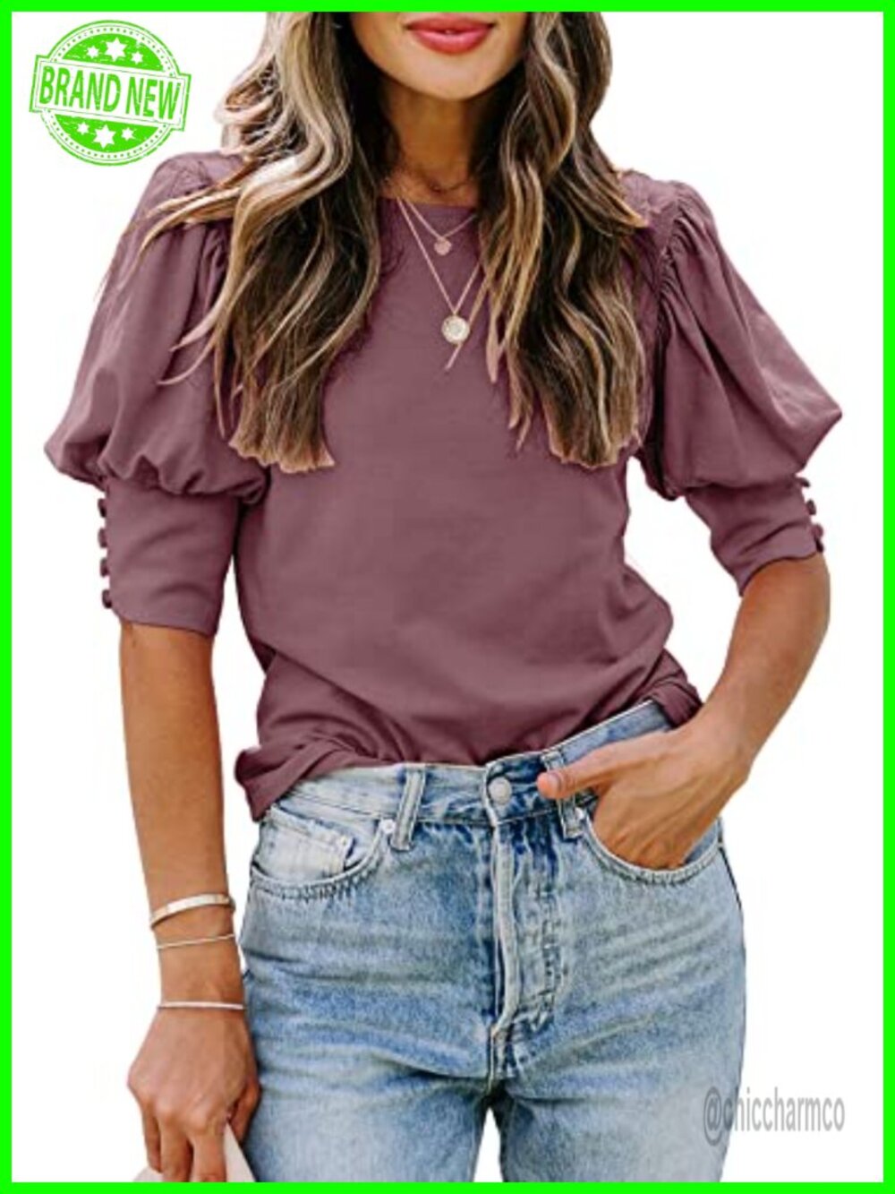 Women's Puff Sleeve Top Crewneck Casual Blouse Short Sleeve Summer